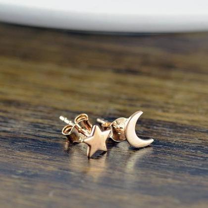 Rose Gold Stud Earrings - Star And Moon Earrings -..
