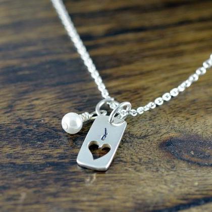 Silver Tag Necklace - Heart Necklace- Heart Charm..
