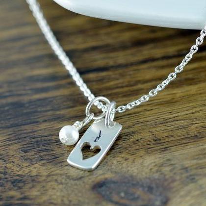 Silver Tag Necklace - Heart Necklace- Heart Charm..