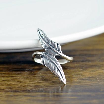 Sterling Silver Double Feather Ring - Feather Ring..