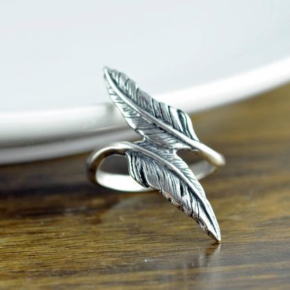 Sterling Silver Double Feather Ring - Feather Ring..