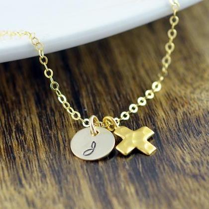 Personalized Gold Necklace - Hammered Cross..