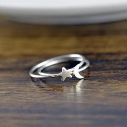 Sterling Silver Moon And Star Ring Set - Crescent..