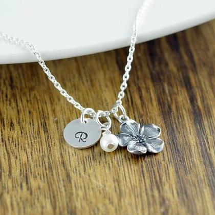 Silver Cherry Blossom Necklace - Flower Necklace -..