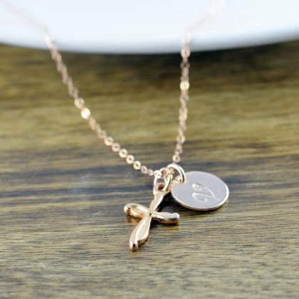 Rose Gold Cross Necklace -personalized Initial..