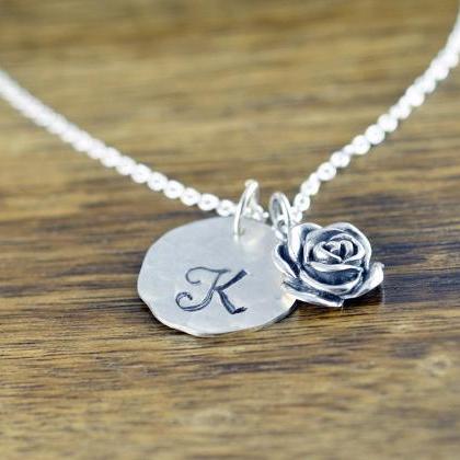 Rose Necklace, Initial Necklace, Hand Stamped,..
