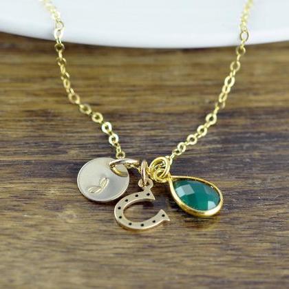 Hand Stamped Gold Initial Necklace, Emerald..