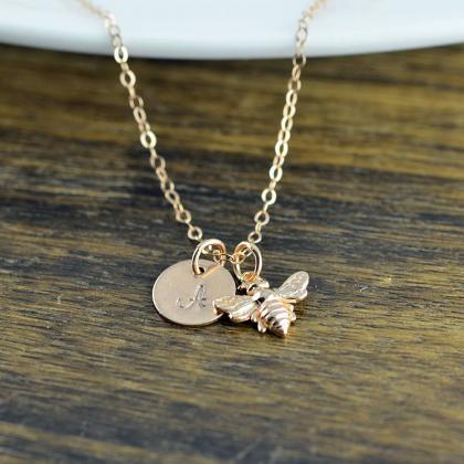 Rose Gold Bee Necklace, Initial Necklace Rose..
