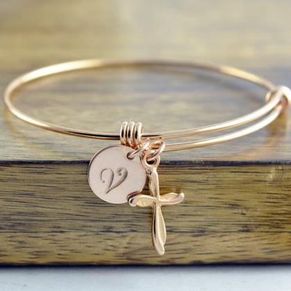 Rose Gold Cross Bracelet -personalized Initial..