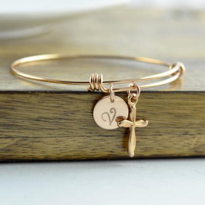 Rose Gold Cross Bracelet -personalized Initial..