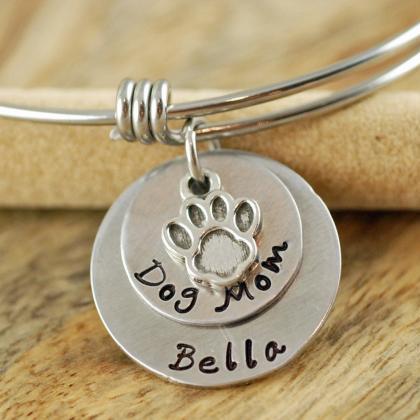 Personalized Hand Stamped Bangle Bracelet, Dog Mom..