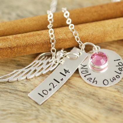 Personalized Hand Stamped Necklace, Angel Wing..