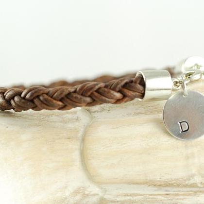 Personalized Mens Braided Leather Initial Bracelet..
