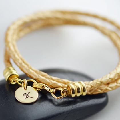 Personalized Gold Leather Cord Wrap Bracelet With..