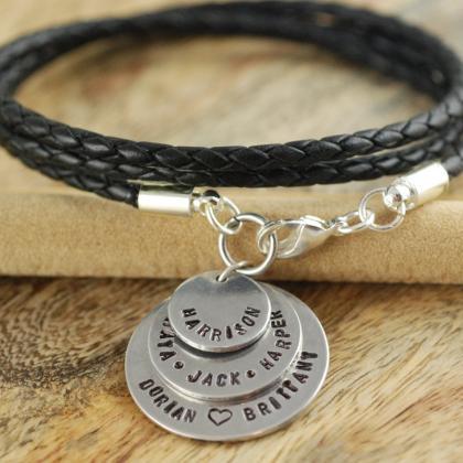 Personalized Hand Stamped Leather Bracelet, Mom..