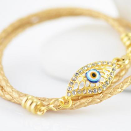 Triple Wrap Bracelet With Evil Eye Charm, Gold..