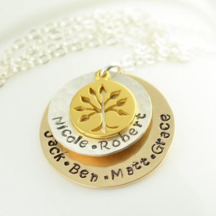 Hand Stamped Gold And Silver Family Tree Necklace,..