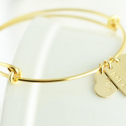 Personalized Hand Stamped Bangle Bracelet, Gold..