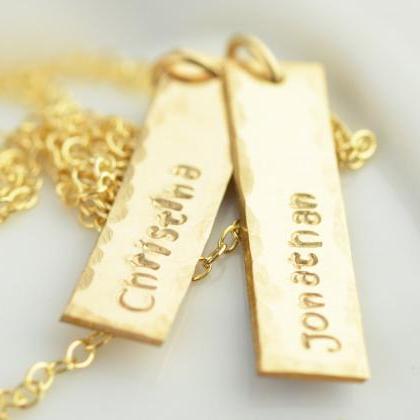 Personalized Hand Stamped Necklace, Rectangle Gold..
