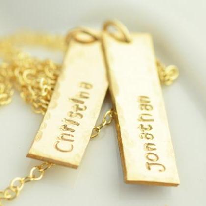 Personalized Hand Stamped Necklace, Rectangle Gold..