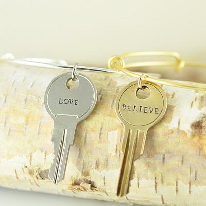 Personalized Hand Stamped Key Bangle Bracelet,..