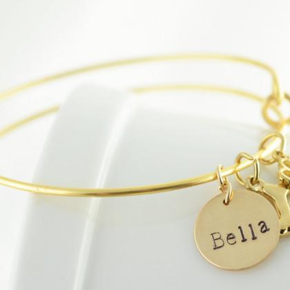 Personalized Bangle Charm Bracelet, Hand Stamped..