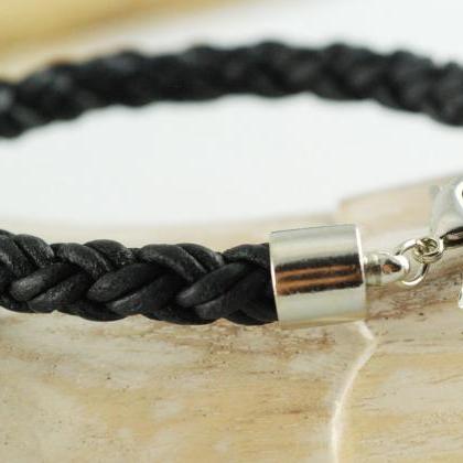 Personalized Mens Black Leather Initial Bracelet -..