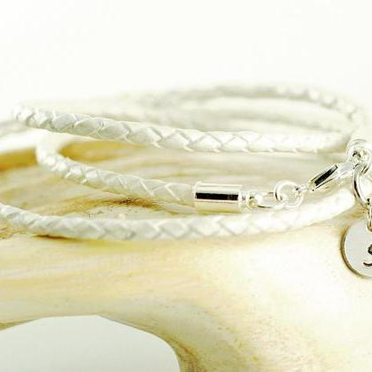 Personalized Silver Initial Leather Wrap Bracelet..