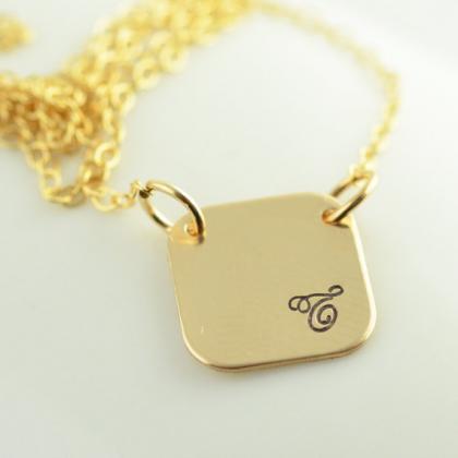 Personalized Hand Stamped Necklace, Square Gold..