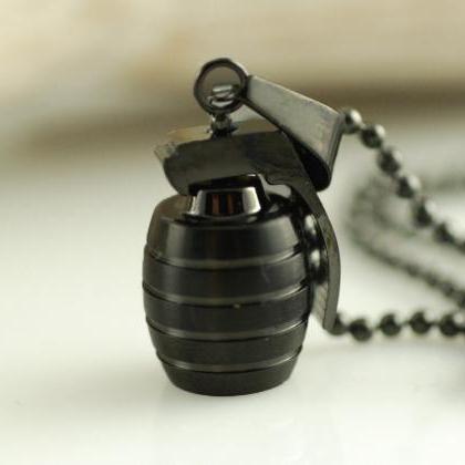 Black Grenade Necklace, Mens Hand Grenade Pendant..