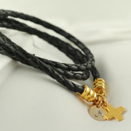 Personalized Hand Stamped, Black Leather Cord Wrap..