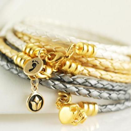 Womens Leather Bracelet, Gold Metallic Braided..