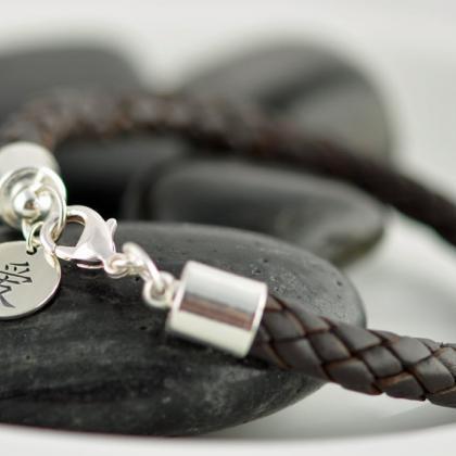 Personalized Mens Silver And Leather Bracelet,gift..