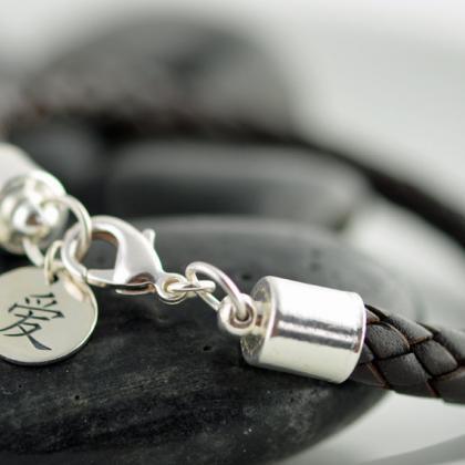 Personalized Mens Silver And Leather Bracelet,gift..