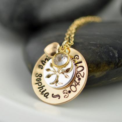 Hand Stamped Gold Necklace, Tree Of Life, Mommy..