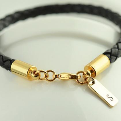 Personalized Mens Gold And Leather Bracelet,gift..