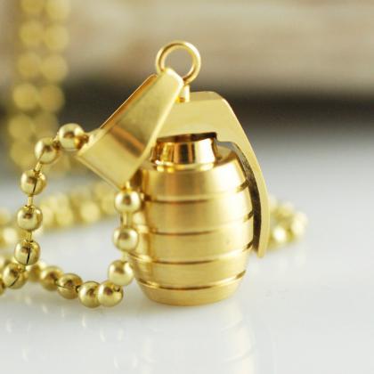 Mens Gold Grenade Necklace, Stainless Steel..