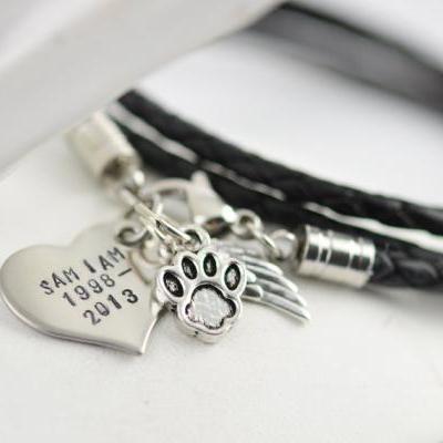 Personalized hand stamped pet bracelet, personalized Pet jewelry, paw charm, wing charm, heart charm