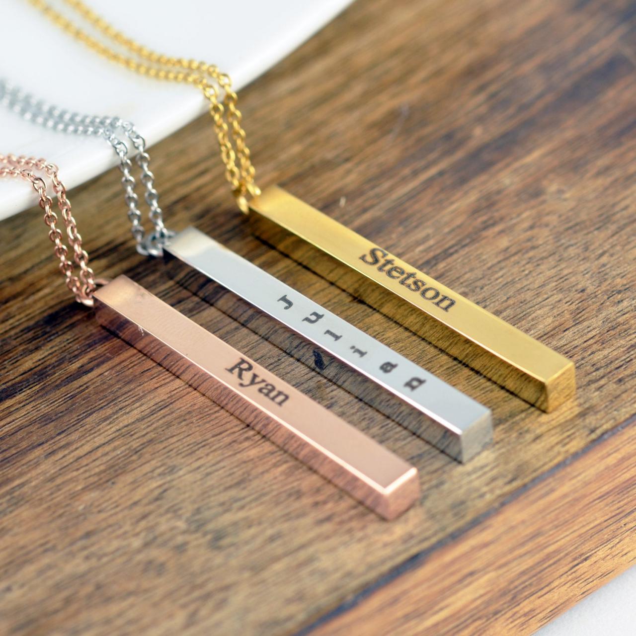 Vertical Bar Necklace, 4 Sided Bar Necklace, Personalized Bar Necklace, Mothers Necklace, Engraved Necklace, Gift For Mother, Mom Jewelry
