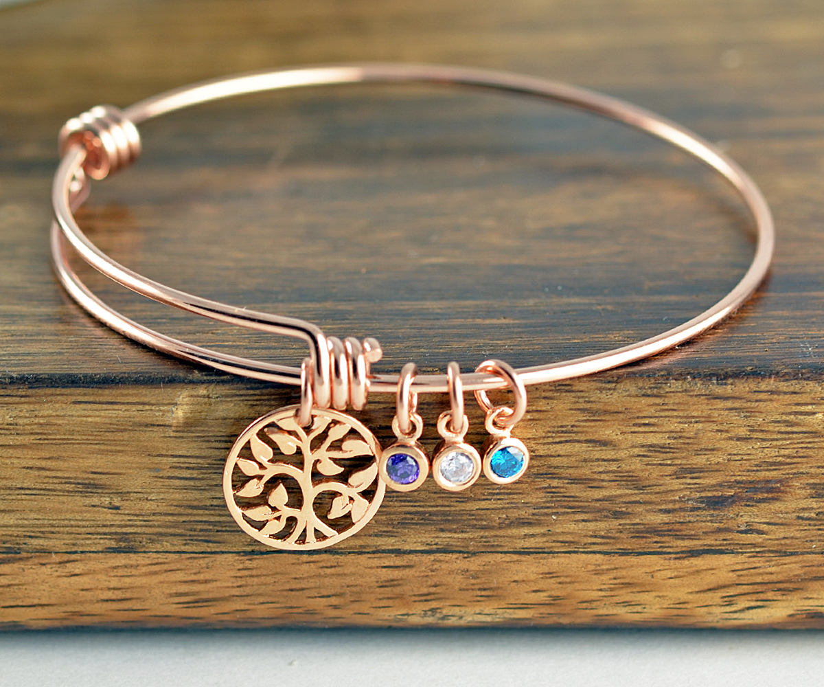 Rose Gold Family Tree Bracelet - Mother's Birthstone Bracelet - Tree Of Life Bracelet - Family Tree Jewelry - Grandmother Gift, Gift For