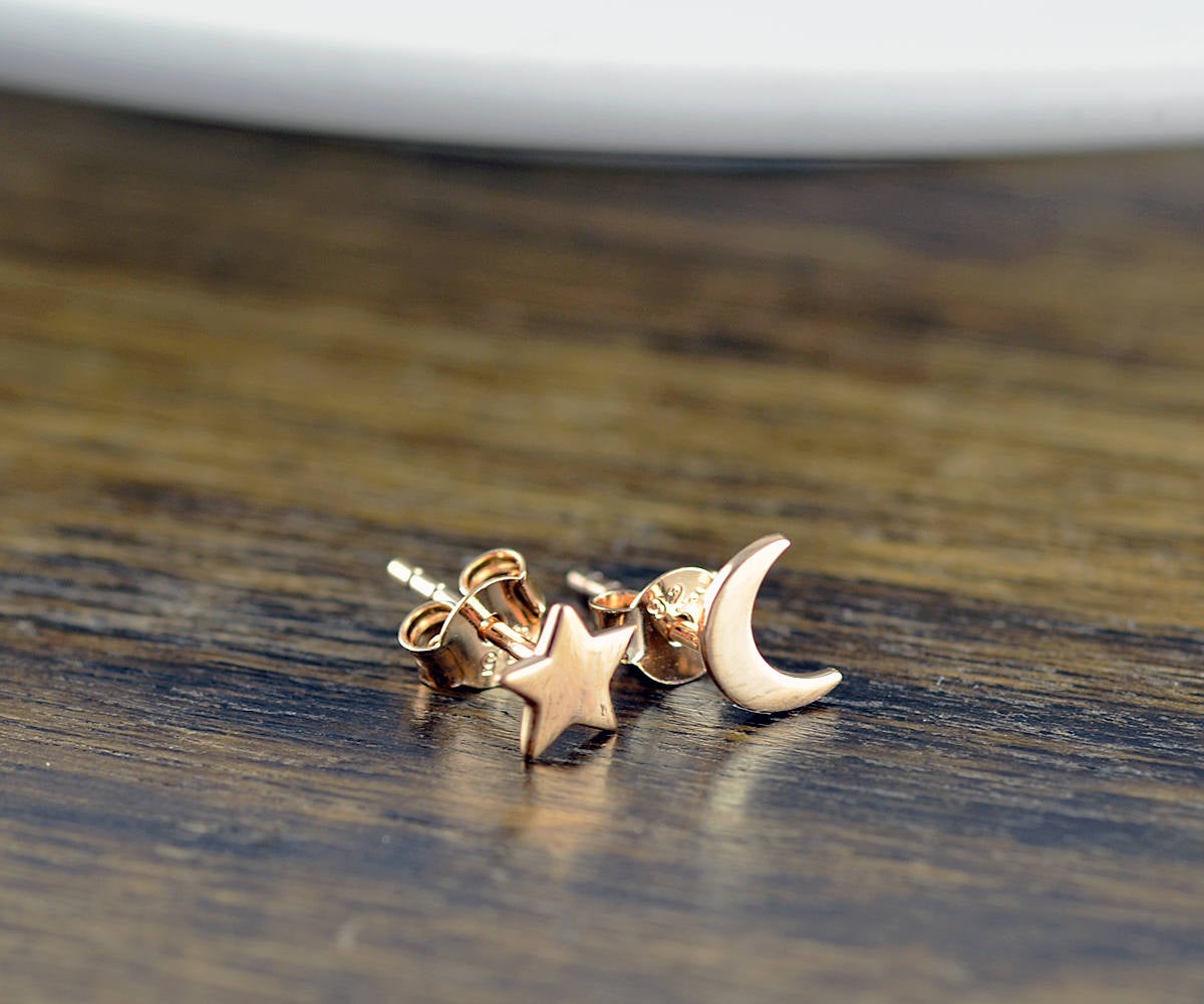 Rose Gold Stud Earrings - Star And Moon Earrings - Stud Earrings - Celestial Star And Moon Earrings - Tiny Stud Earrings - Cute Earrings