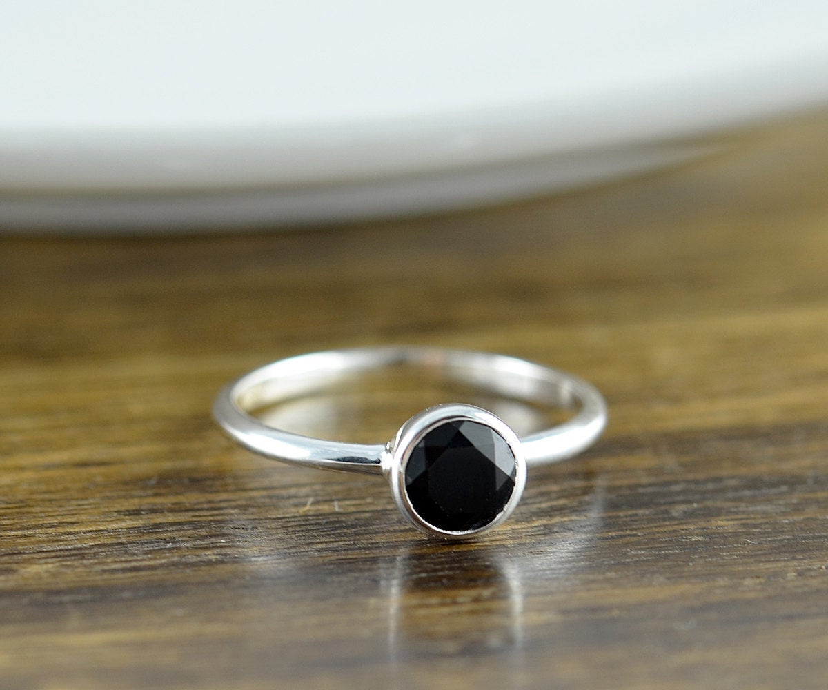 Sterling Silver Round Black Onyx Ring, Black Onyx Ring - Boho Ring - Boho Jewelry - Gemstone Ring - Solitaire Ring - Stacking Rings