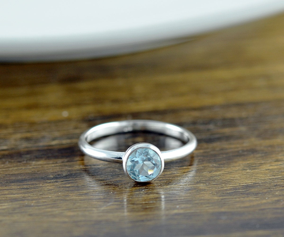 Sterling Silver Round Blue Topaz Ring - Topaz Ring - Birthstone Ring - Birthstone Jewelry - December Birthstone Ring - Stacking Rings