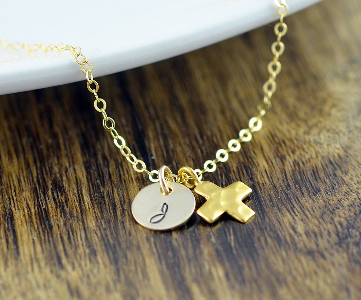 Personalized Gold Necklace - Hammered Cross Necklace - Cross Necklace Women, Initial Necklace, Cross Pendant, Religious Gift