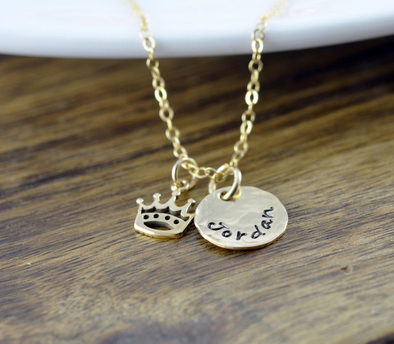 Crown Necklace, Royal Crown Charm, Personalized, Name Necklace, Stamped Name, Monogram Name, Gold Crown Necklace, Hand Stamped Necklace