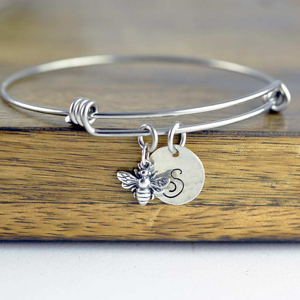 Initial Bracelet Sterling Silver, Initial Bee Bracelet, Bumblebee Jewelry, Bumble Bee Charm Bracelet, Bridesmaid Gift, Friends Gift