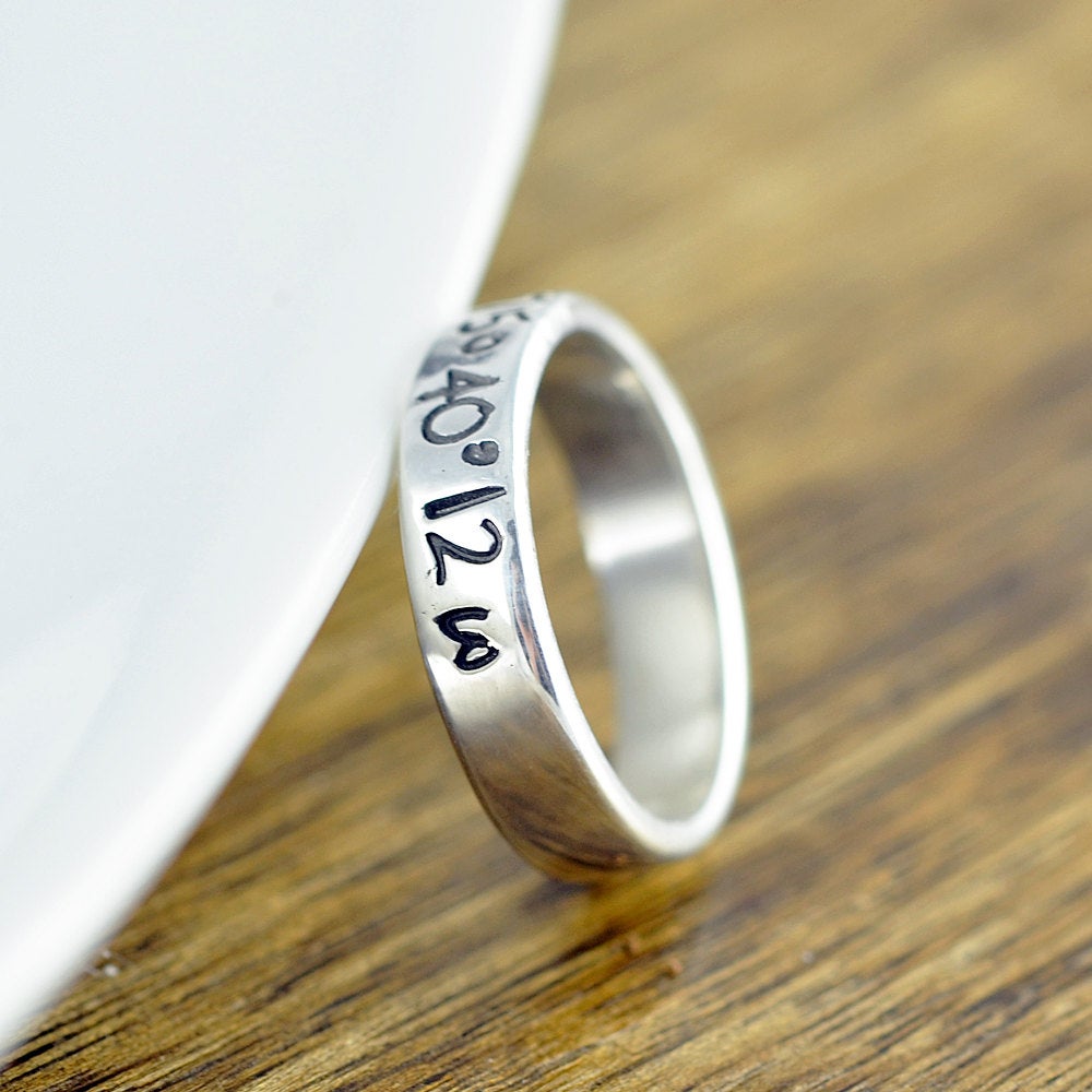 Coordinate Ring, Gps Coordinates Gift, Latitude Longitude Ring, Custom Coordinates, Hand Stamped Ring, Sterling Silver Ring