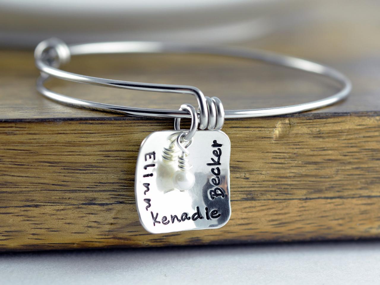 Personalized Sterling Silver Bangle Bracelet, Name Bracelet, Personalized Jewelry Gift, Hand Stamped Gifts, Pearl Jewelry, Gift For Her