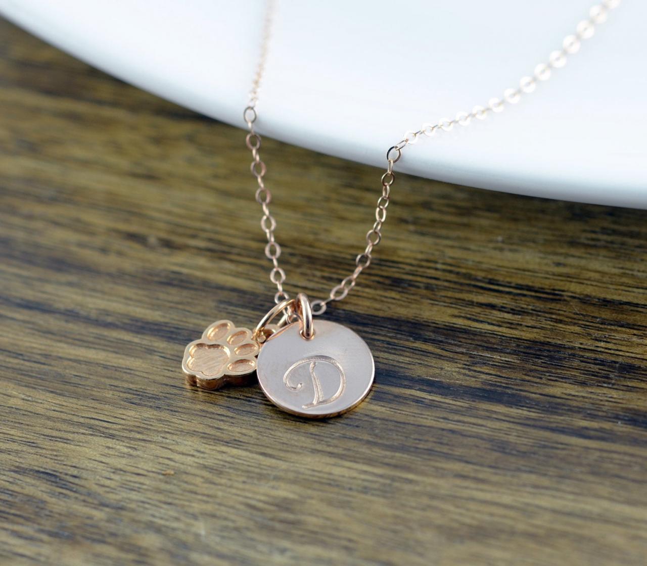 Dog Paw Necklace, Dog Paw Jewelry, Dog Mom Gift, Personalized Initial Necklace, Personalized Rose Gold Necklace, Dog Paw Charm, Gift For Her