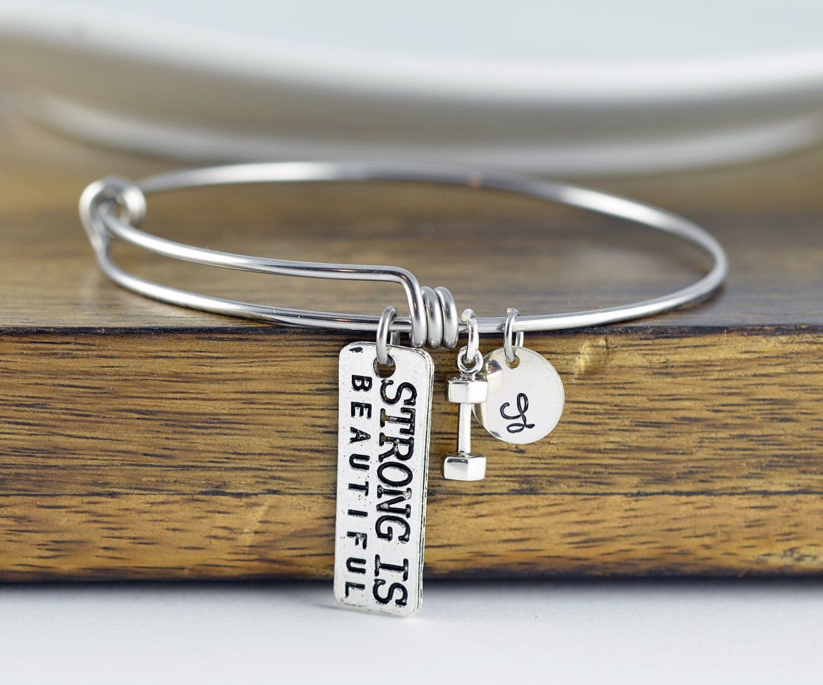 Personalized Fitness Bracelet, Strong Is Beautiful Bangle Bracelet, Motivational Jewelry, Crossfit Lover, Fitness Gifts, Fitness Jewelry